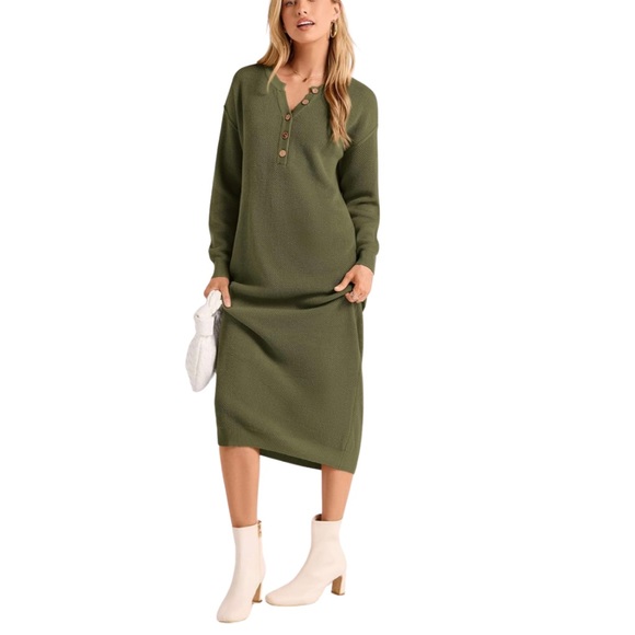 NWOT Long Knit Sweater Dress- Army Green | Button V-Neck + Long Sleeves (M) - Picture 4 of 16